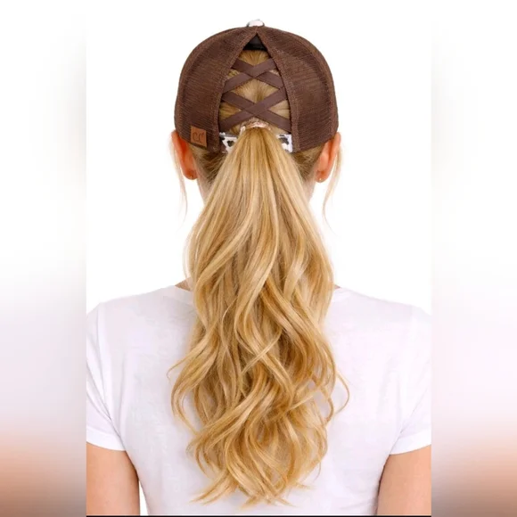 C.C. Womens Distressed Brown Cow Print Trucker Hat Pony Cap - Picture 2 of 9